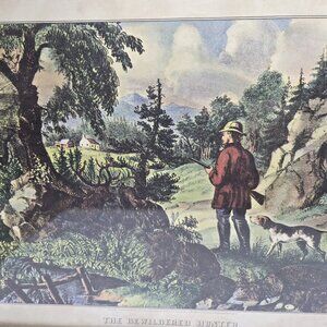 THE BEWILDERED HUNTER by Currier & Ives Framed Art Print Hunting Dog/ Man / Dee